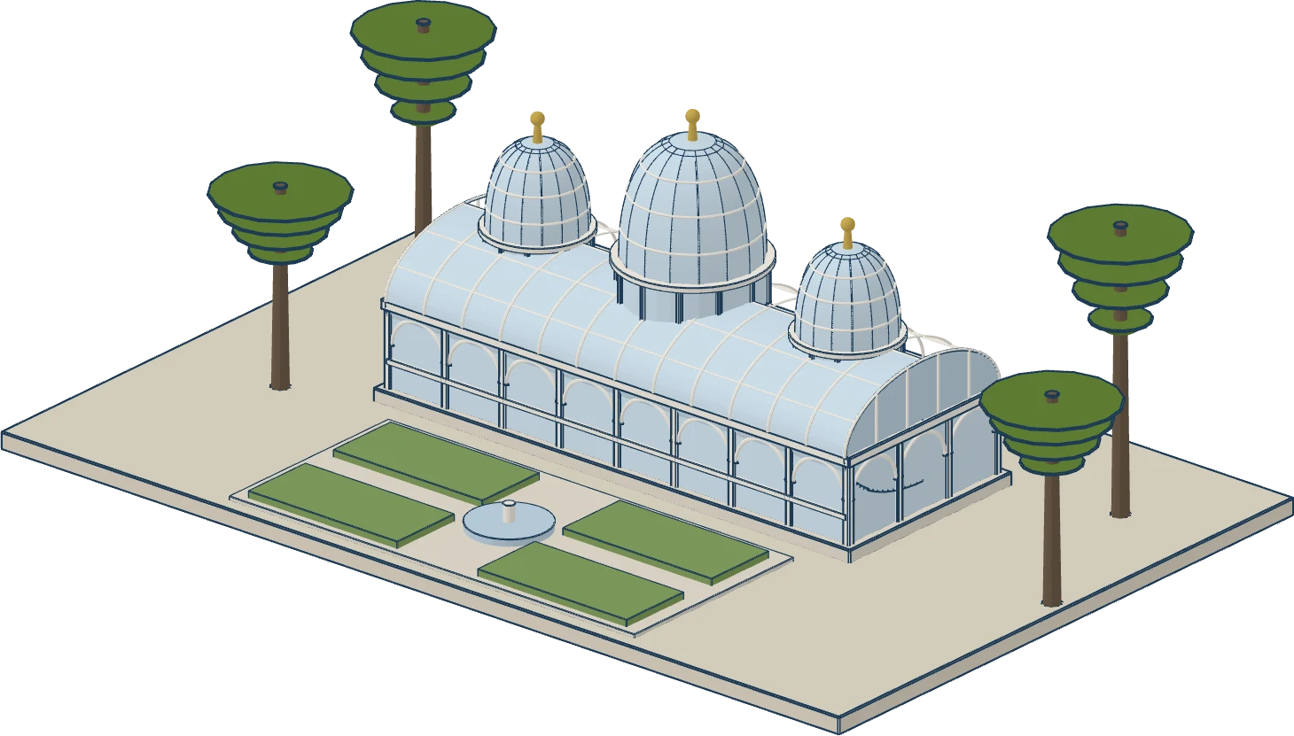 Maquete 3D da estufa do Jardim Botânico de Curitiba, com o jardim francês e araucárias