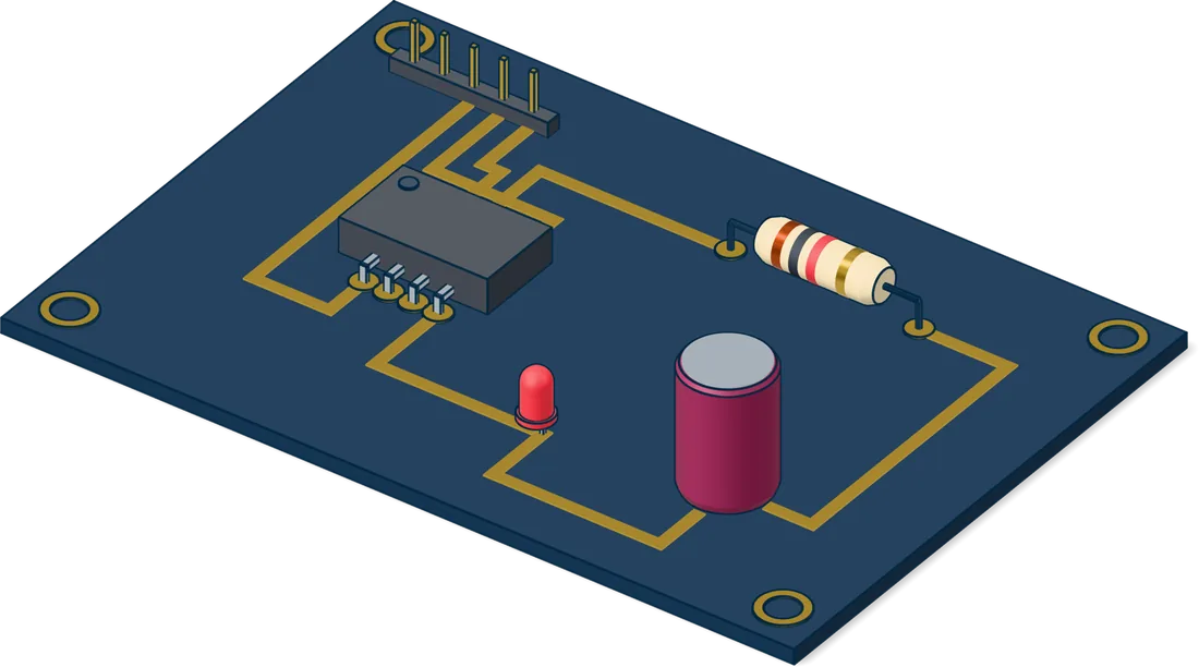 Placa de circuito com CI, resistor, capacitor e LED