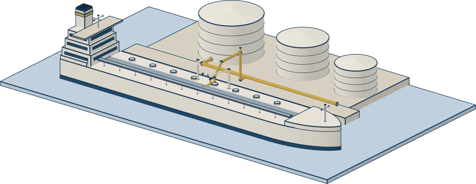 Maquete 3D de um navio petroleiro atracado num terminal, com tanques e o duto em ouro